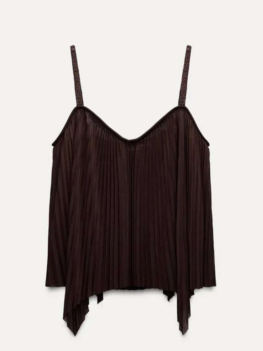 Zara Dark Brown Pleated Spaghetti Strap Tank Top